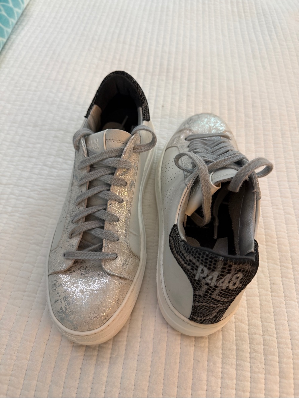 P448 Women’s Silver Glitter Low-Top Sneakers with Black Heel